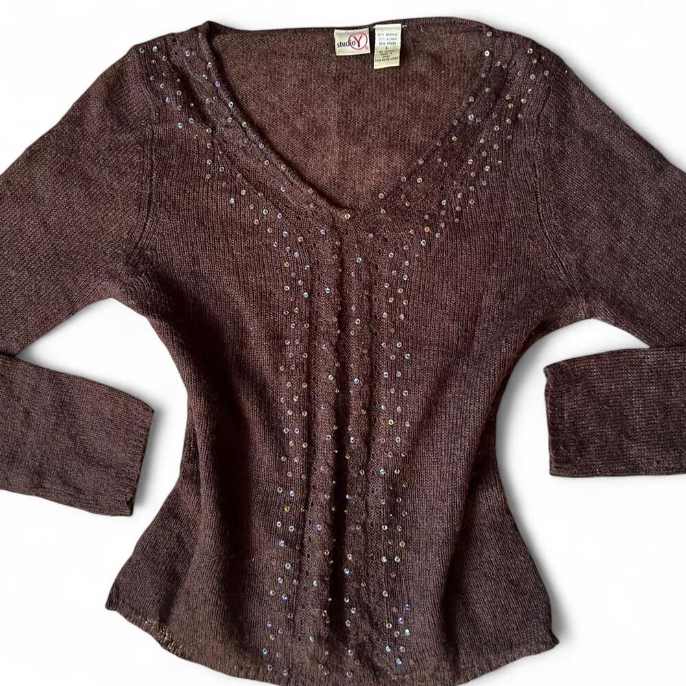 Vintage Semi- sheer Brown sequin embellished mohair blend knit sweater - Picture 3 of 8